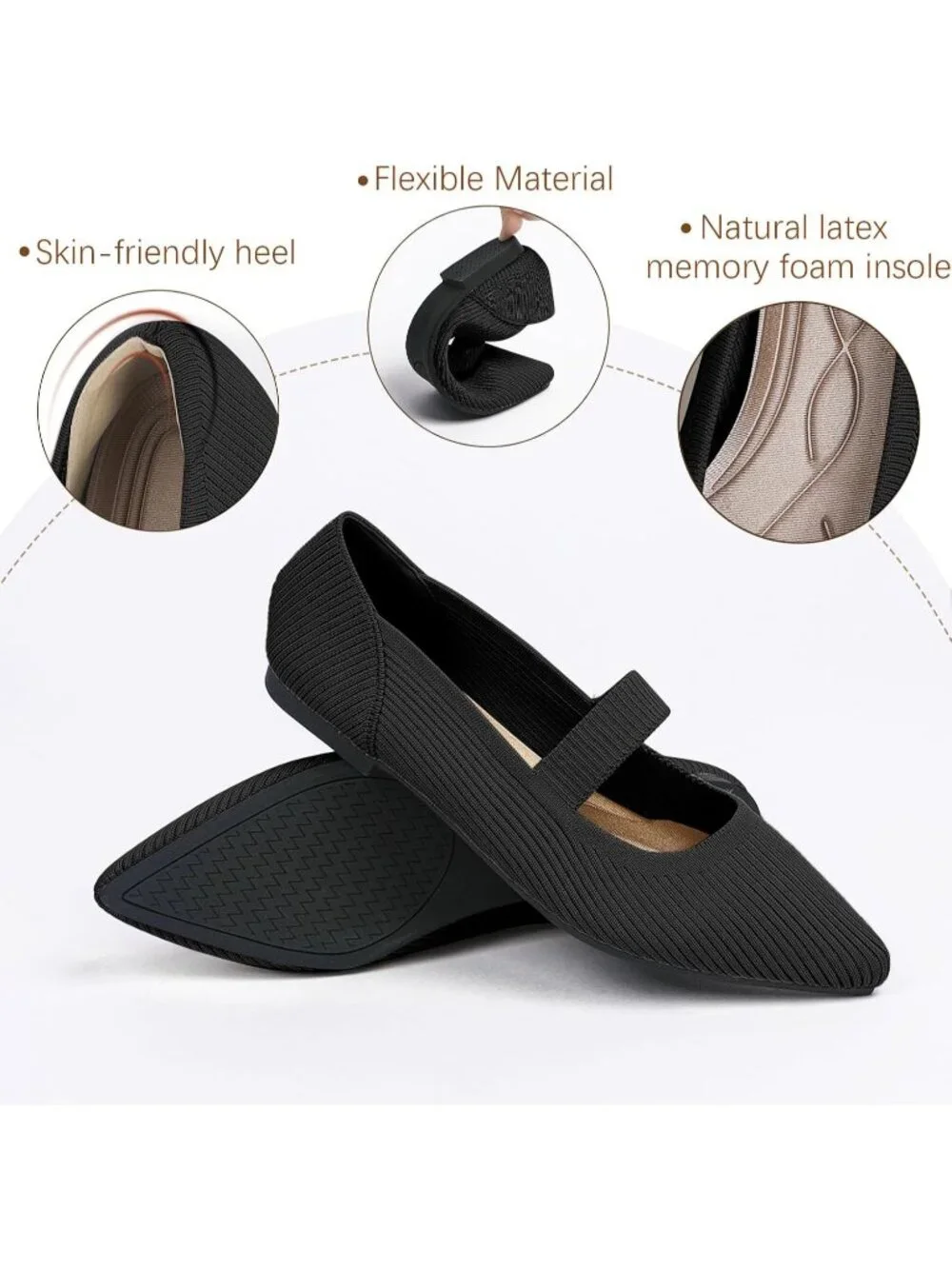 Women's Black Knit Mary Jane Flats Pointed Toe Pull On Comfortable Flats Shoes